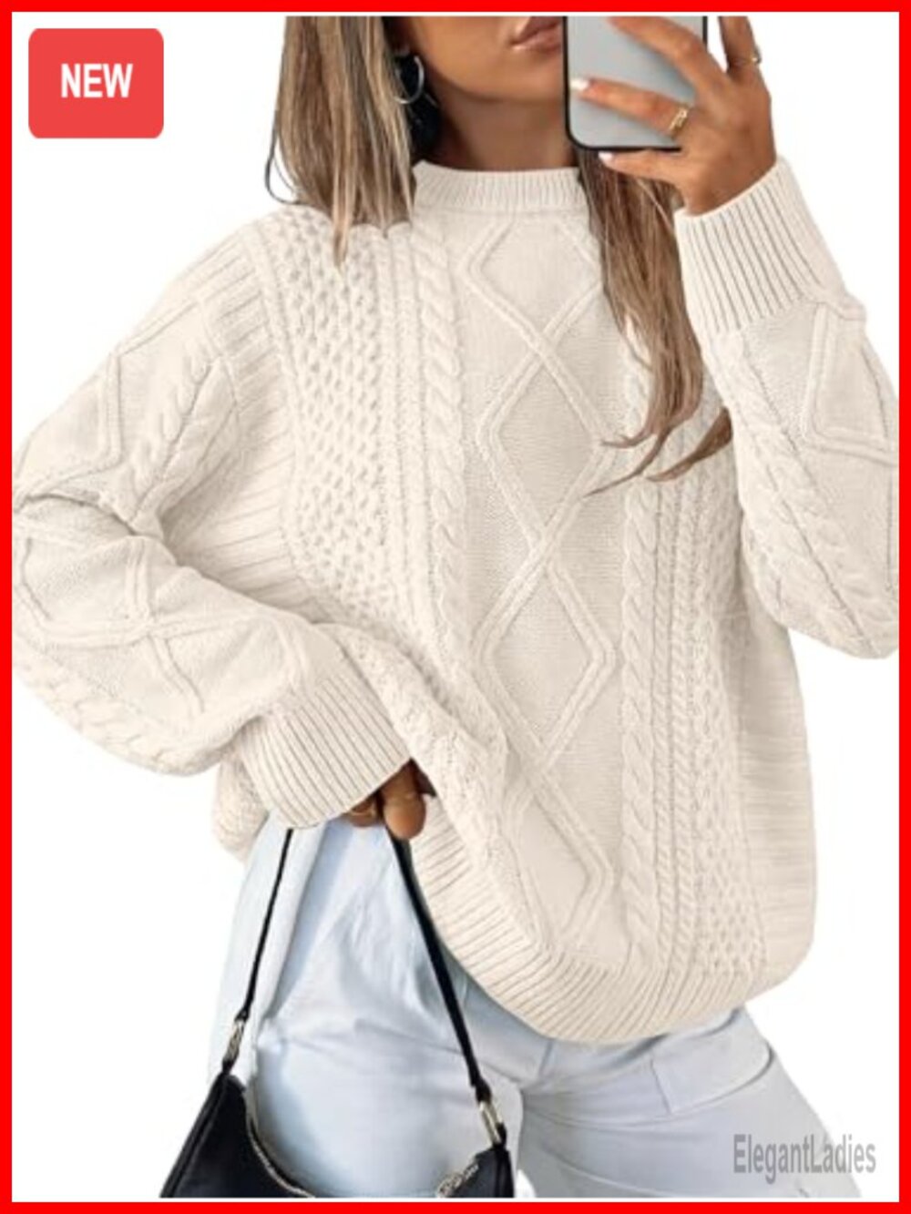Oversized Cable Knit Pullover Sweater Crewneck Long Sleeve Acrylic Fall Winter